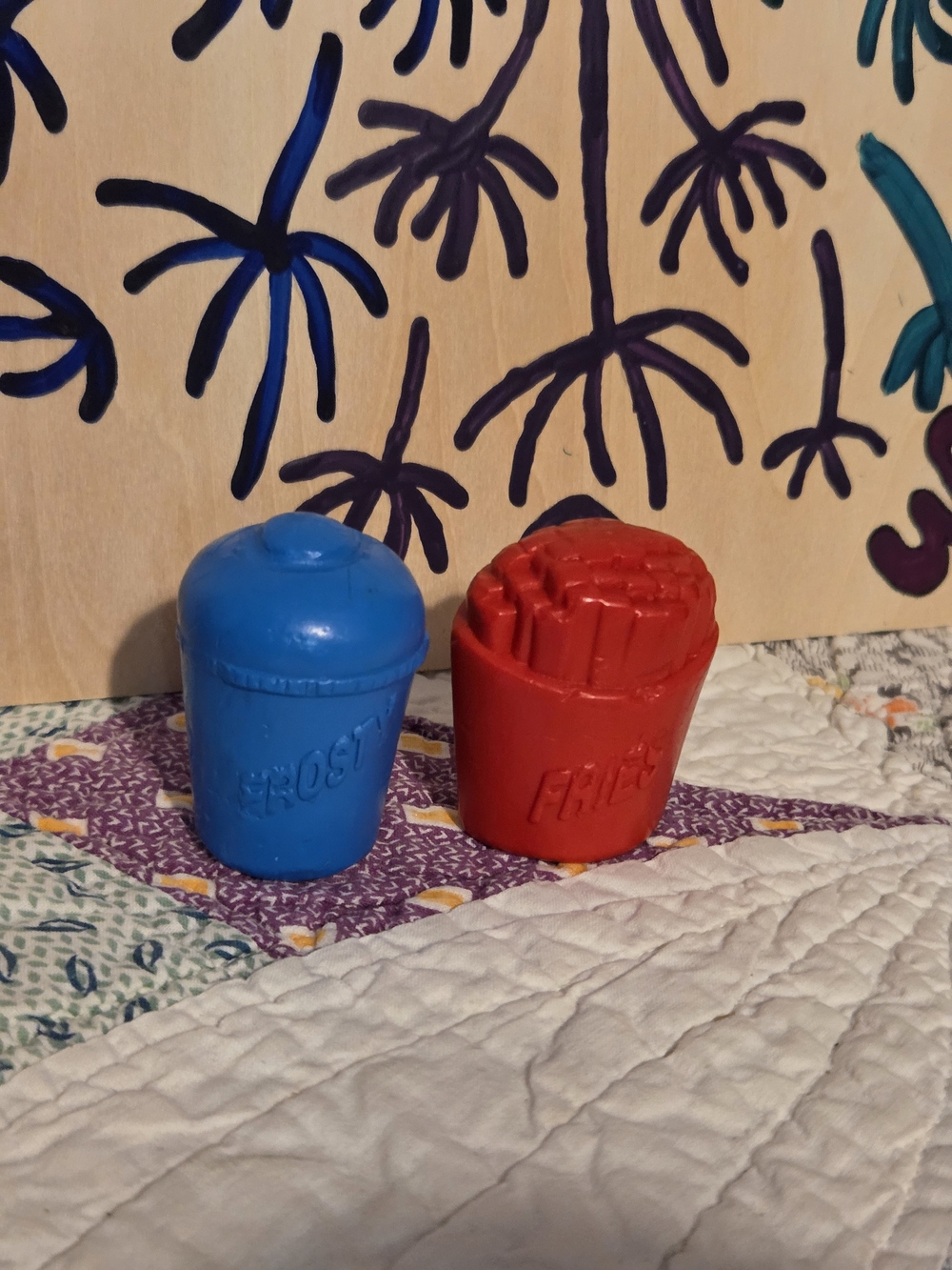Vintage pencil topper crayon frosty and fries, red and blue some wear 1993 Wendy